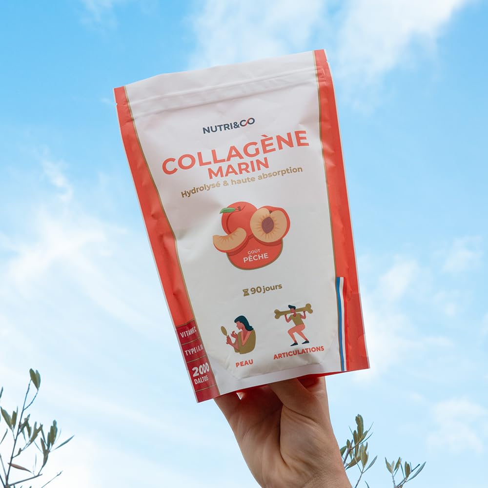 NUTRI & CO Collagene Marin Poudre Types 1, 2, 3 + Vitamine C, Breveté Naticol® & Cartydiss®, Peptides Hydrolysés 2000 DA, Format 90jrs 540g, Goût Pêche, Fabriqué en France