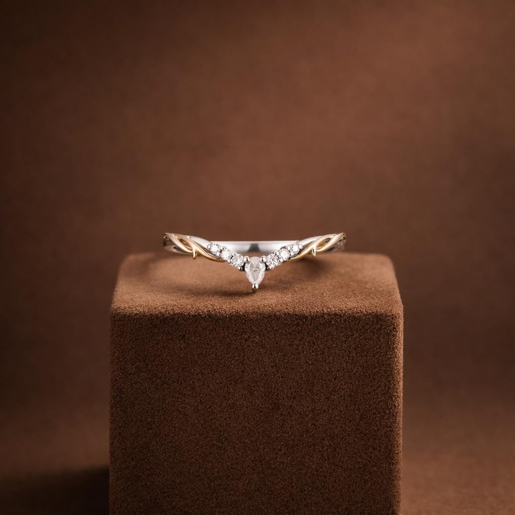 Two Tone CZ Diamond Wedding Band for Women 14K White Pear Accent Curved Bridal Enhancer Ring Anniversary Promise Jewelry Gift for Her