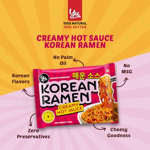 Image of Yu Foodlabs Creamy Hot Sauce Korean Ramen - Zero Preservatives & No MSG - Pack of 4-100% Natural Ingredients & Veg - Instant Noodles Ready in 6 Mins - 400 G (100 G x 4) - Yu
