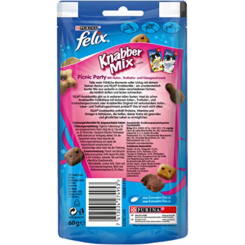 Felix KnabberMix Picnic Party Katzensnack, Knusper-Leckerlie mit 3 Geschmacksrichtungen, 8er Pack (8 x 60g)