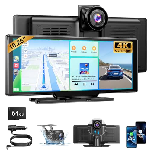ESSGOO Pantalla Coche 10.26 Pulgadas con Carplay y Android Auto Inalámbrico con Cámara Frontal 4K Trasera 1080P, IPS Táctil, Bluetooth 5.3, Mirror Link, FM, AUX, Control por Voz (Siri/Google), 64GB TF