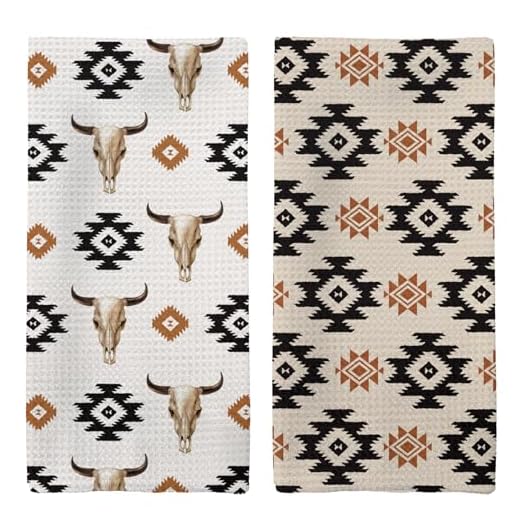 Tzhim Boho Western Kitchen Towels, Retro Bull Skull Hand Towels, Trendy Vintage Skull Cow Head Dish Towels Dishcloths Tea Towels for Kitchen, Aztec Longhorn Preppy Kitchen Bath Decor Set of 2, 16x24in