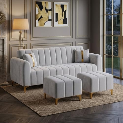 FURNY Harmony 5 Seater L Shape Sofa Set with 2 Movable Ottoman & Golden Legs | Flexible Left or Right Layout | Plush Velvet Fabric (Light Grey) | Perfect for Living Room, Guest Room & Office