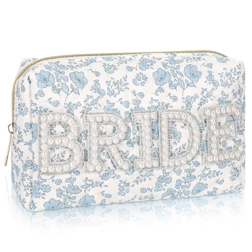 Sunnymove Large Quilted Cotton Bride Patch Letter Floral Makeup Bag for Women Bridesmaid Engagement Gift Bag Pouch Purse Bridal Shower Gifts for Engagement Wedding(8.1 X 5.1 X 2.8 Bride)