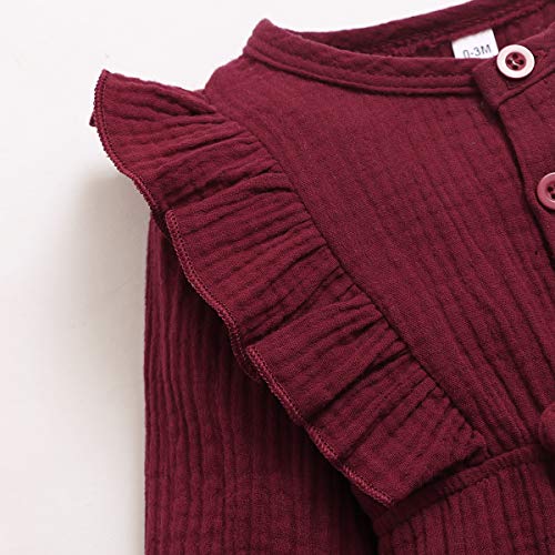 YALLET Newborn Baby Girl Clothes Solid Long Sleeve Baby Onesies Cotton Linen Romper Jumpsuits Fall Infant Girl Clothes with Headband Red