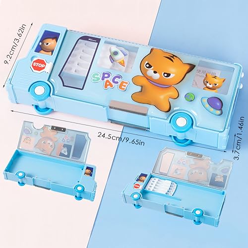 Image of School Bus Pencil Case, Cartoon Pen Box with Sharpener, Large Capacity Stationery Organizer, Best Birthday Gifts for Kids Teens School Supplies(Blue)