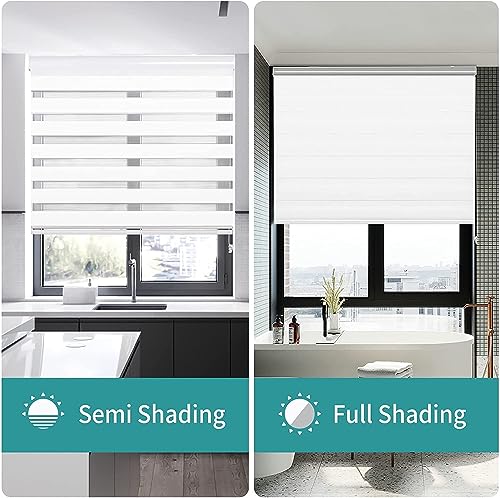 Joydeco Cordless Zebra Blinds for Windows, Dual Layer Free-Stop Zebra Shades Privacy Light Control for Day and Night, Light Filtering Sheer Blinds for Indoor Windows (Off-White, 28" W x 75" H)