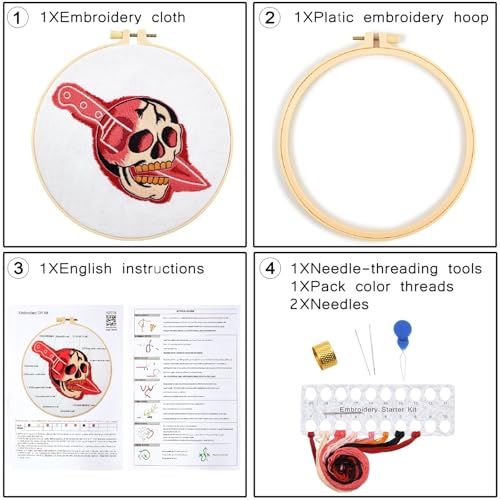 Image of Halloween Punk Embroidery Kits for Beginners Adults, Blood Skull Embroidery Starter Kits, Halloween Cross Stitch Kits for Beginners Adults Hobbies for Women, Embroidery Fabric, Hoop and Video Tutorial