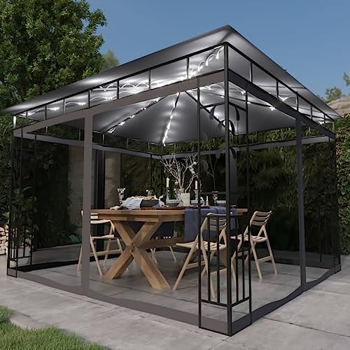 Cenador mosquitera y Tira luz LED, Cinyiqo Cenadores para Jardin, Pergolas De Jardin, Carpas De Jardin, Carpas para Exteriores, Carpa Jardin Exterior, Antracita 3x3x2,73m 180 g/m²