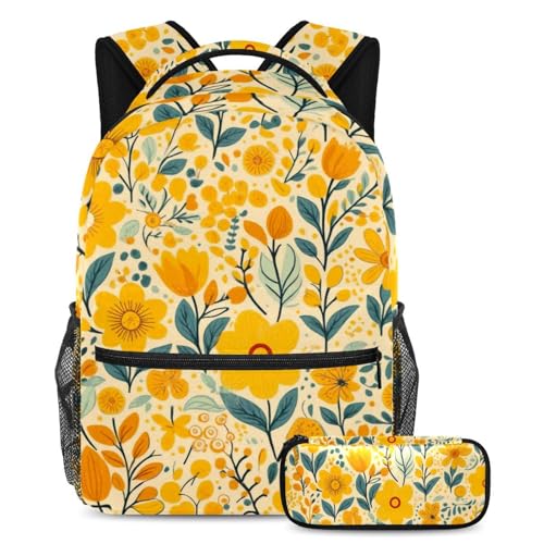 Sac à dos avec trousse grand volume 40cm ensemble scolaire ergonomique à fleurs jaunes
