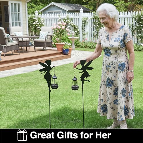 Fairy Garden Accessories Outdoor Lawn Ornaments 1 Pair - Solar Lights Halloween Decorations Outdoor Garden Statue, Metal Stakes Decorative Figurines for Yard Decor, Patio (Type B Color-Shifting)