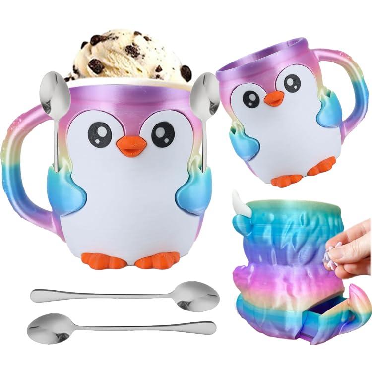 Highland Cow Ice Pint Holder - 16 oz Reusable Cute Ice Cream Pint Popsicle Containers, Dessert Cup, Beer Can Holders, with Antifreeze Handle and Two Spoons, Gift for Cream Lovers (Colorful Penguin)