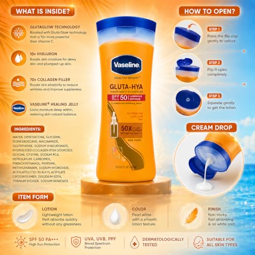 Image of Vaseline Gluta-Hya SPF 50 Serum Burst Sunscreen Body Lotion 400ml with UVA UVB Protection | Brightening Lightweight Non Greasy Formula