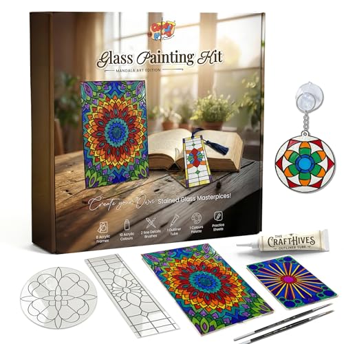 Image of The Crafthives Mandala Glass Painting Kit | DIY Stained Glass Mandala Art Set with Acrylic Frames, Colours, Brushes & Outliner | Creative Glass Painting Craft Kit for Kids Beginners Adults