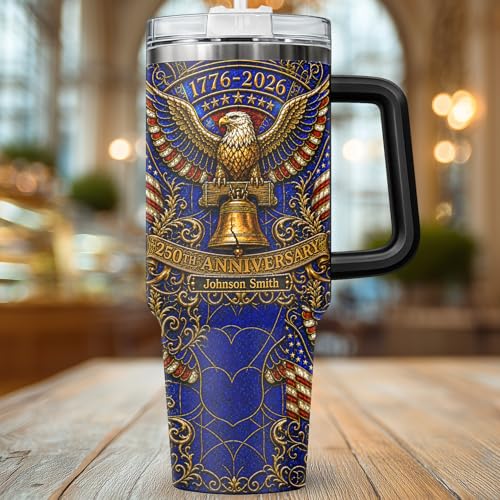 Image of Personalized 250th Anniversary Of America Tumbler - Custom Patriotic USA Flag 1776-2026 Gifts - US Eagle Freedom Cup 40oz A6 - American Independence Celebration Gifts For Men Women