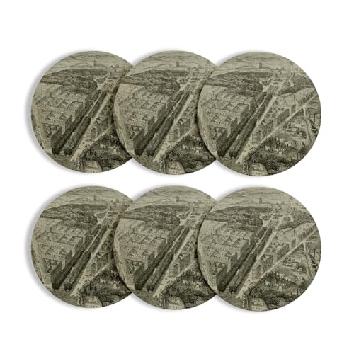 sous Verre Ronds Base Liège- Dessin Ancien Jardin du Luxembourg Paris Vintage Noir et Blanc - Lot de 6 (95 x 95 mm)