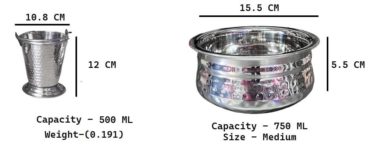 TANISHI KITCHEN'S™ Stainless Steel Mini Serving Handi (750ml) & Bucket (500ml) Set | Hammered Design Bowls for Dal, Curry, Sabzi, Raita & Biryani | Tableware for Home Kitchen & Hotel Use | Set of 2 1