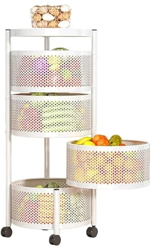 Nozumaホワイト 丸型フレーム 4 層キッチントロリーラック|回転式 キャスター付き スクエア設計 炊飯器・調理器具収納用