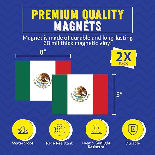 Image of Magnet Me Up Mexico Mexican Flag Car Magnet - 5x8 Inches - 2 Pack, UV Printed Vinyl - Weatherproof, Durable Magnetic Decal - Patriotic Mexico Car Accessory - Fridge, Locker, Made in USA