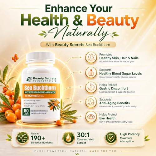Image of Himalayan Sea Buckthorn Capsules 15000 mg | Sea Buckthorn Berry Extract | with Omega-7 | High Potency Antioxidant Supplement for Immune Support, Digestive & Heart Health | 60 Veg Capsules