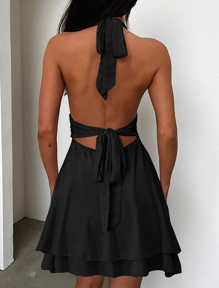 Women's Halter Deep V Neck A-line Mini Dress Ruched Waist Short Party Dresses - Image 3