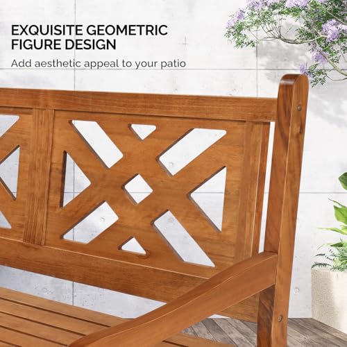 Image of VINGLI 50 inch Outdoor Wood Bench, Weatehr Resistant Wooden Garden Patio Bench with Comfortable Backrest & Curved Armrest, 800lb Capacity Loveseat for Front Porch Park Yard Deck (Natural, Geometric)