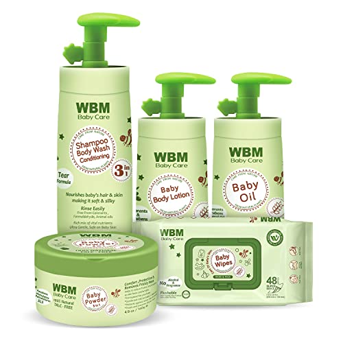 WBM All-in-1 Newborn Essentials Gift Set Includes Baby Shampoo & Body Wash, Baby Lotion, Baby Oil, Baby Powder, and Baby Wipes for Gentle on Skin, Extract with Natural Plants