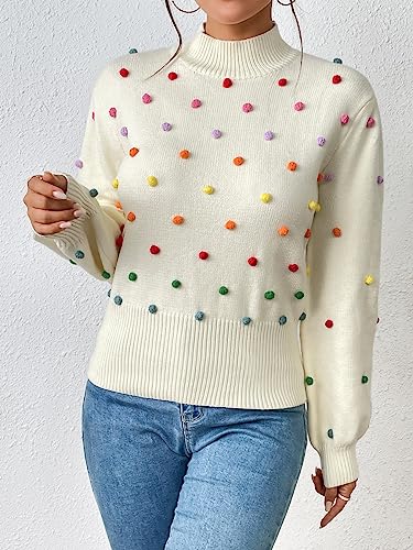 CXINS Women's Fashion Mock Neck Lantern Sleeve Rainbow Colorful Pom Pom Sweater Pullover Elegant Knit Jumper Top4