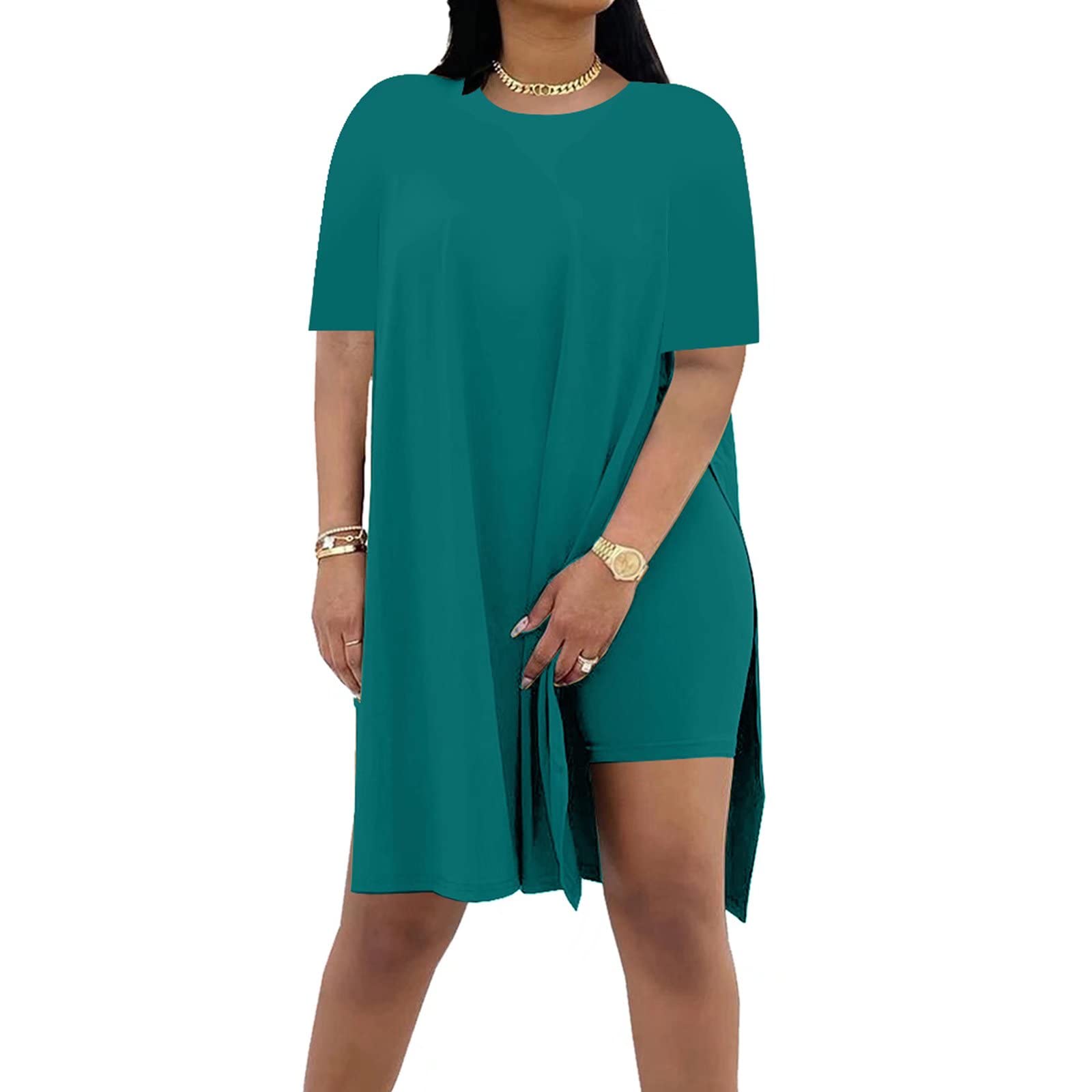 AXOSY Women Plus Size 2 Piece Outfits Short Sleeve Tunic Tops and Skinny Biker Shorts Sets Tracksuits