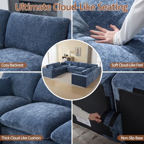 Image of 146''Cloud Boneless Sectional Couch, Modular Sectional Sofa Deep Seat, Oversized Upholstered Convertible Comfy 8 Seater Chenille Memory Foam Sofa U Shape Couches for Living Room, Blue