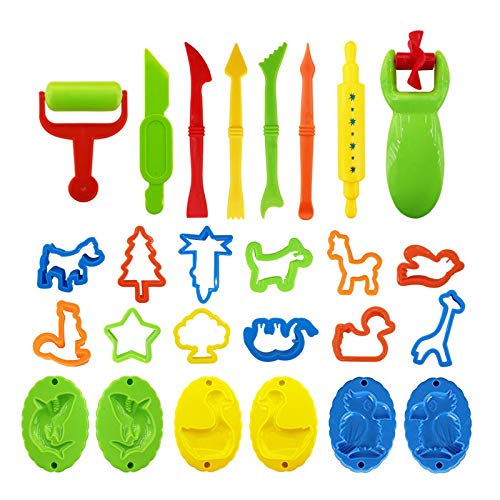 Imicreate 26 pcs Plastic Different Shapes and Sizes Art Clay and Dough Playing Tools Set for Children Ages 3 and Up, Multicolor