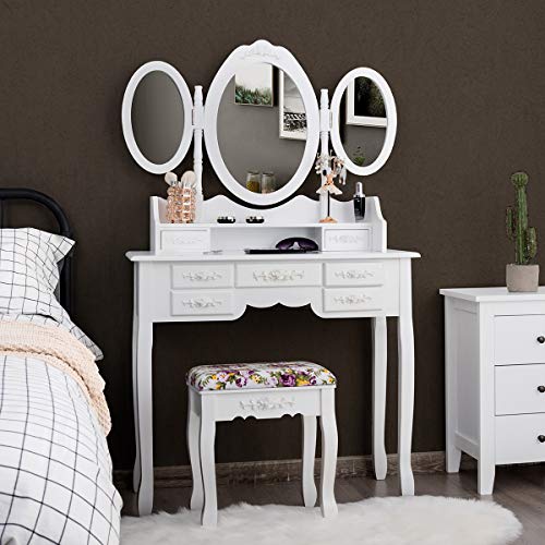 Charmaid Vanity Set With Tri-Folding Mirror And Cushioned Stool, Dressing Table With 7 Drawers And A Shelf, Antique Makeup Table With Removable Top thumb #1