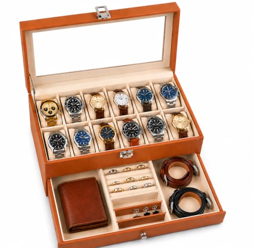 Image of Folk Creations Watch Box Organizer for Men & Women - 12 Slot Double Layer Luxury Watch Case, Premium PU Leather Jewelry Display Case with Transparent Top, Large Watch Holder & Tray Storage (Tan)