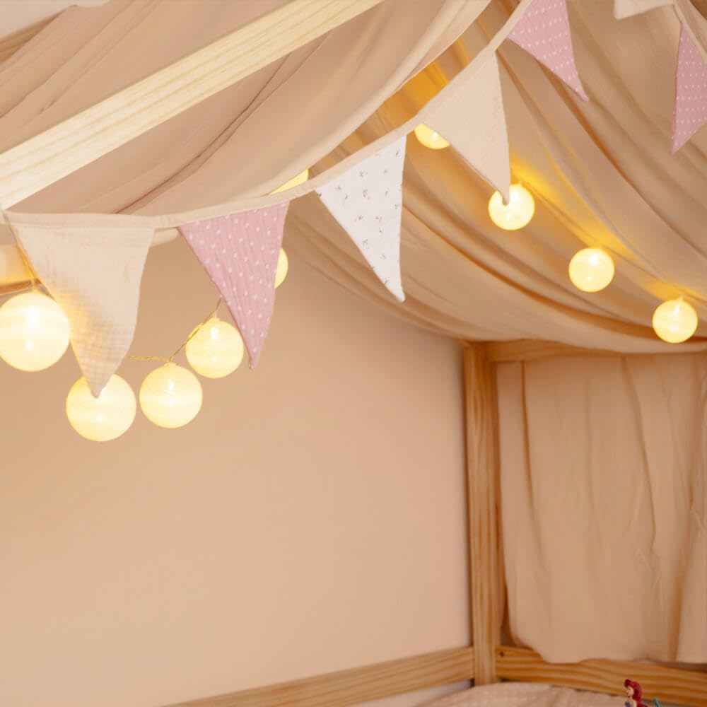 Home Deluxe - Kinderbett Deko Set VELINDO - Farbe: Creme, inkl. Wimpelkette, Vorhang und LED Lichterkette I Kinderbett Deko, Kinderzimmer Dekoration