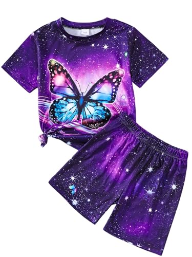 FirstTrail Girls Clothes Summer 2 Piece Outfits Short Sleeve T-Shirts and Shorts Kids Fashion Clothing Sets (Purple 7-8 Years)