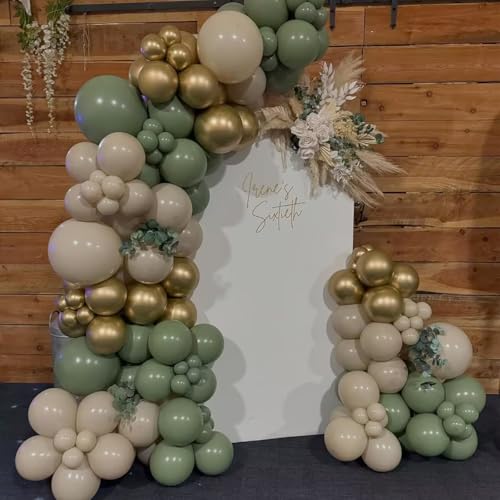 Image of Sage Green Balloons, 67pcs 12 Inch Sage Green White and Gold Confetti Party Balloons for Baby Shower, Birthday, Graduation, Eucalyptus Party Decorations