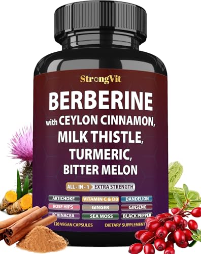 Berberine with Ceylon Cinnamon Supplement Milk Thistle Turmeric Bitter Melon for Digestion Immunity. Organic Complex for Men & Women Non-GMO Gluten-Free Vegan USA (120 Capsules)