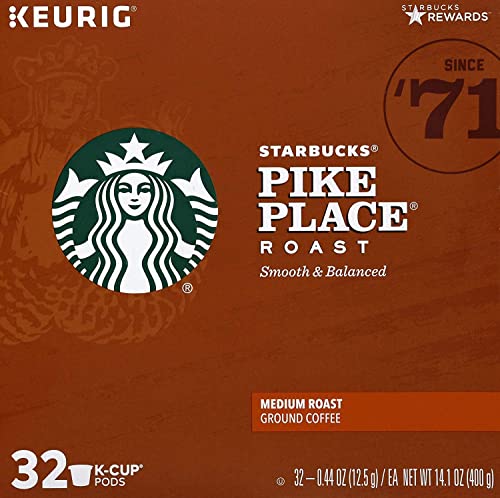 Image of Starbucks Coffee K-Cup Pods for Keurig Brewers, Pike Place Roast, Medium Roast (32 Count (Pack of 6))