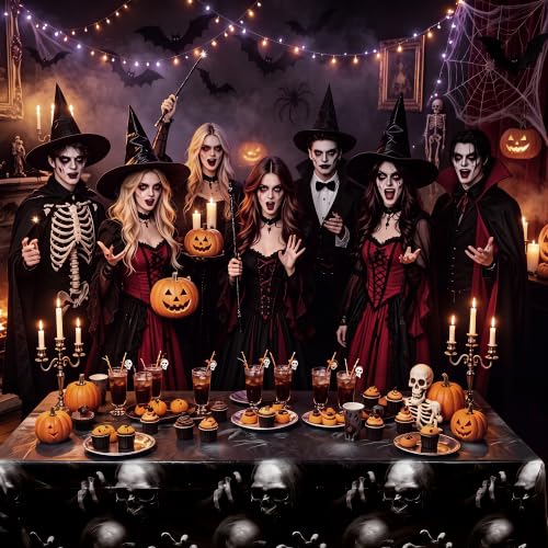 Image of Kochorie 100 Ft x 54 Inch Halloween Graveyard Skeleton Tablecloth Roll with Cutter Box Waterproof Plastic Horror Theme Skeleton Ghouls Photography Backdrop for Halloween Spooky Party Decor