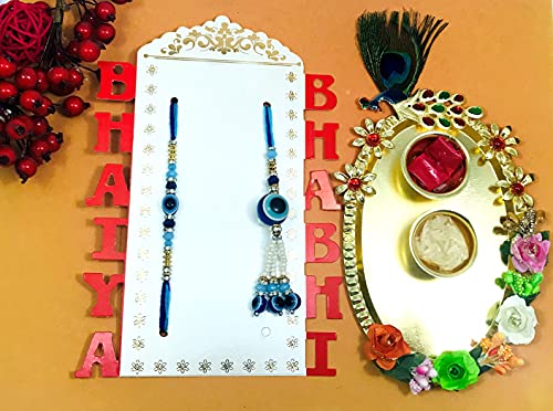 Image of Pair Rakhi Assorted Design Roli Chawal Plate And 2 Kids Cartoon Character LED Rakhi For Brother And Bhabhi | Rakhi Combo-P-37-T-2LED || bhaiya bhabhi rakhi || rakhi gifts
