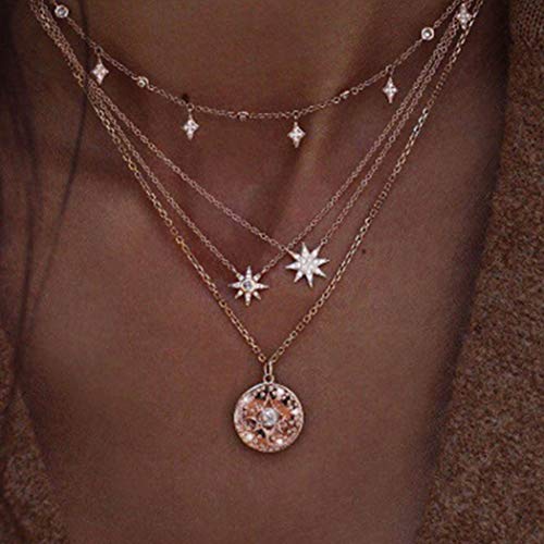 Boho Sun Pearl star Necklace For Woman Teens Rhinestones Gold Choker Pendant Necklace Layered Coin Neck Chain Trendy Necklace for Girls Gift.