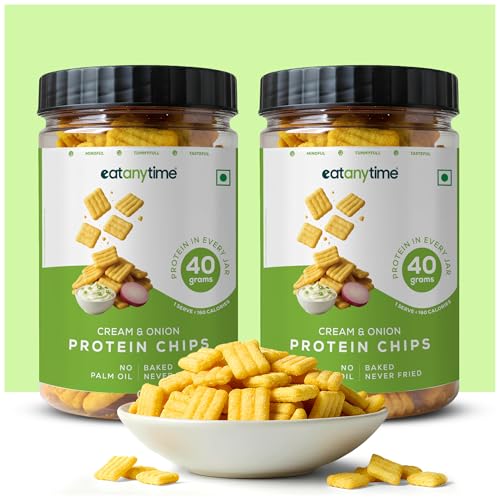 Eat Anytime - Multigrain Protein Chips, Pack of 2, Cream N Onion| 40 g protein per pack | Baked, Not Fried | No Palm Oil | High Protein, Low Calories (under 160) | Pack of 2 * 150 g per pack