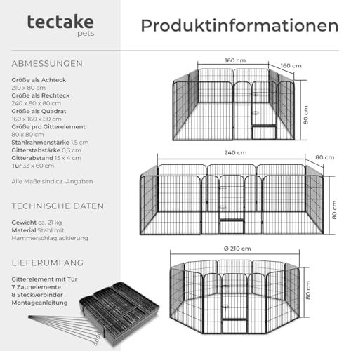 tectake Welpenauslauf 80 cm hoch, 8 Gitter, Welpenlaufstall, Freigehege, Tierlaufstall faltbar, Freilaufgehege, Hundelaufstall mit Tür, für Hunde, Katzen, Hasen, Meerschweinchen, Kleintiere - schwarz