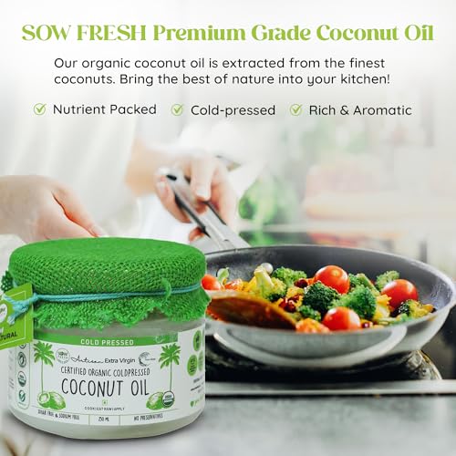 Image of Sow Fresh All Natural Extra Virgin Coconut Oil - 250ml Organic Cold Pressed Virgin Vegan Coconut Oil for Cooking, Hair & Skin Care and Oil Pulling - No Preservatives & No Sugar