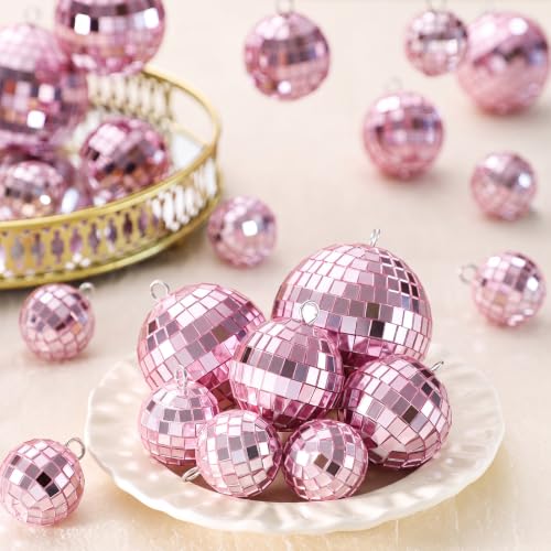 Image of MTLEE 20 Pcs Disco Ball Decor, Pink, 2.4, 2, 1.6, 1.2 Inch | Mirror Balls Ornaments for Weddings, Halloween DIY Bubbling Cauldron, Festivals, Outdoor Events,Hanging with Rope