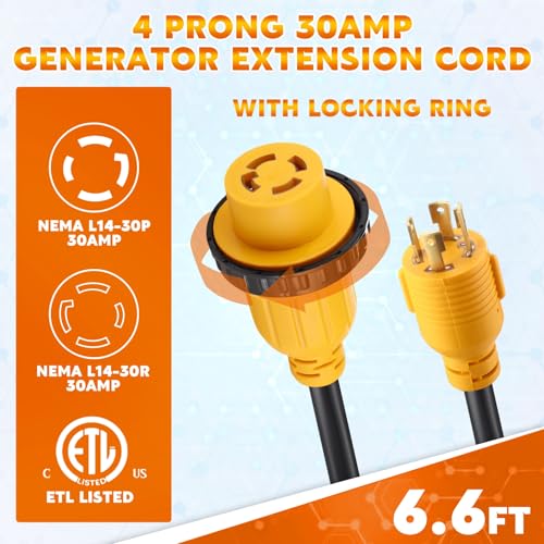 Kanayu 30 Amp 6.6FT Generator Cord and Pre-Drilled Power Inlet Box, 4 Prong NEMA L14-30P/L14-30R 125V/250V 7500W 10 Gauge Heavy Duty Extension Cord with Generator Interlock Kit, ETL Listed - Image 3