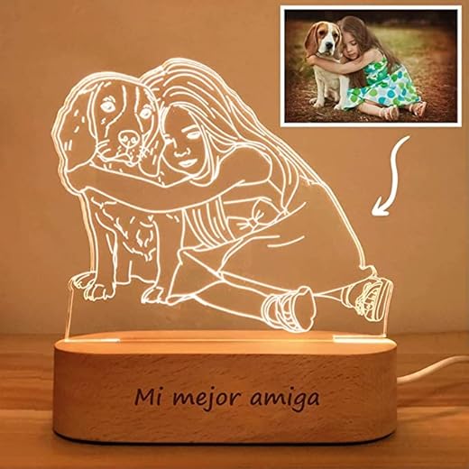 Transparent Gift Lámpara de Mesa 3D Led Personalizada Ilustrada con Foto + Nombre - Lámpara de Metacrilato con Luz Nocturna - El Regalo Original de Cumpleaños, Parejas, Novios, Bodas y Mejores Amigos