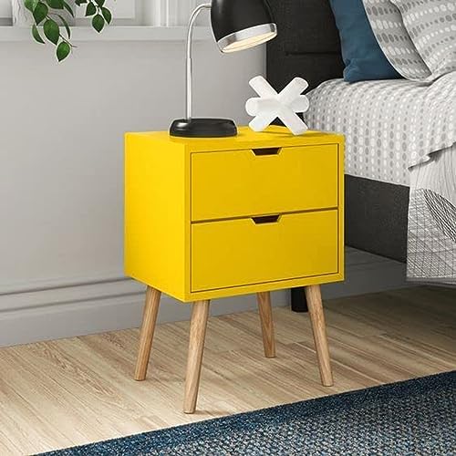 Image of Storage Nightstand Mid-Century Modern Bedside Table with Solid Wood 4 Legs Minimalist and Practical End Side Table- 2 Drawer-Yellow