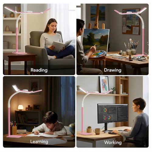 Image of LED Desk Lamp for Home Office with Base, 28.2 inch Adjustable Gooseneck Swing Arm Bright Desk Light, Dimmable Architect Table Lamp for Desktop Computer Light, Reading, Study, Workbench(Pink)