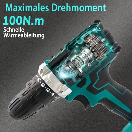 Akkuschrauber, Akku Bohrschrauber Ersatz Für Makita 18V, Schlagbohrmaschinen Das Maximale Drehmoment Beträgt 100NM, Akku Bohrmaschine 2-Gang Getriebe, 25+1 Treibereinstellungen, Für Bauvorhaben, LED – Bild 5